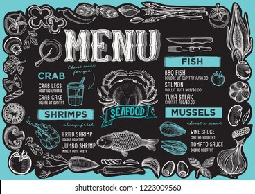 Seafood menu template for restaurant on a blackboard background vector illustration brochure for food and drink cafe. Design layout with vintage lettering and frame of hand-drawn vegetables.