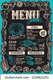 Seafood menu template for restaurant on a blackboard background vector illustration brochure for food and drink cafe. Design layout with vintage lettering and frame of hand-drawn graphic vegetables.