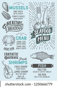 Seafood menu template for restaurant on a blue background vector illustration brochure for food and drink cafe. Design layout with vintage lettering and doodle hand-drawn graphic icons.