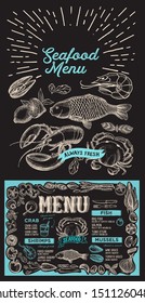 Seafood menu template for restaurant on a blackboard background vector illustration brochure for food and drink cafe. Design layout with vintage lettering and doodle hand-drawn graphic icons.