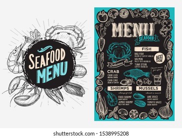 Seafood menu template for restaurant on a blackboard background vector illustration brochure for food and drink cafe. Design layout with vintage lettering and doodle hand-drawn graphic icons.