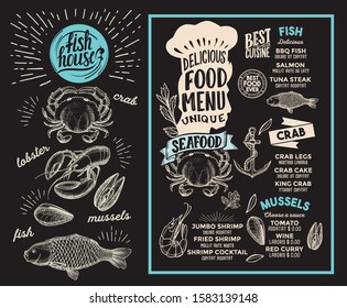 Seafood menu template for restaurant on a blackboard background vector illustration brochure for food and drink cafe. Design layout with vintage lettering and doodle hand-drawn graphic icons.