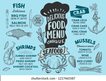 Seafood menu template for restaurant vector illustration brochure for gourmet food and drink cafe. Design layout with chefs hat lettering and doodle hand-drawn graphic.