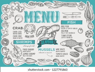 Seafood menu template for restaurant vector illustration brochure for food and drink cafe. Design layout with vintage lettering and frame of hand-drawn graphic vegetables.