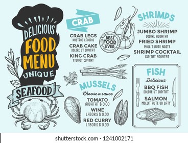 Seafood menu template for restaurant vector illustration brochure for gourmet food and drink cafe. Design layout with vintage chefs hat lettering and doodle hand-drawn graphic.