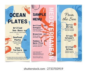 A seafood menu template for restaurants and cafes. Dishes include grilled sea bass, octopus, and several types of pasta. Prices and descriptions are provided for each dish.