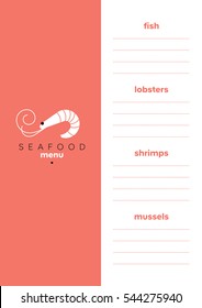 Seafood menu template. Shrimp logo. Vector