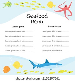 Seafood menu of various types of fish and octopus or shark meat. Food concept, flyer, banner, print.Vector cartoon illustration in flat style