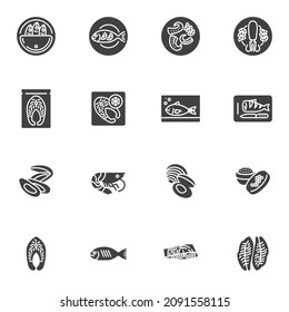 Seafood menu vector icons set, modern solid symbol collection, sea food filled style pictogram pack. Signs, logo illustration. Set includes icons as salmon fish steak, oyster, black caviar, lobster