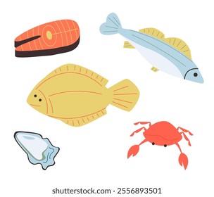 Seafood menu vector illustration set. Cartoon raw marine sea or ocean food collection with tuna trout salmon flounder fishes, lobster shrimp caviar mussel squid octopus tentacles isolated on white