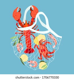 Seafood in a mesh bag. Luxury shopping and food delivery. Healthy high protein food. Hand-drawn isolated vector illustration on a blue background. Big red lobster and crab. Shellfish in a bag.