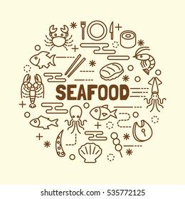 seafood minimal thin line icons set, vector illustration design elements