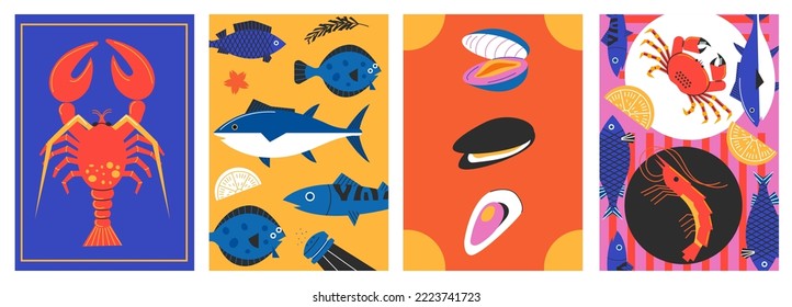 Seafood minimalistic poster. Abstract cartoon fish shellfish elements for restaurant menu background design, trendy simple banners. Vector collection. Delicious ingredients for healthy dish