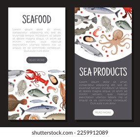 Seafood mobile app templates set. Marine products for restaurant menu landing page, web banner cartoon vector