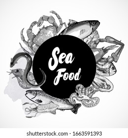 Seafood - modern vector hand drawn round banner template with copy space. Black and white