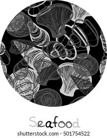 Seafood monochromatic label with sea shells in circle on white background