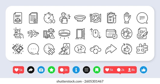 Seafood, Music phone and Cloud sync line icons pack. Social media: share, comment, like icons. Legal documents, Message, Sleep web icon. Auction, Text message, Refresh like pictogram. Vector