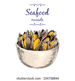 Seafood. Mussels. Set of hand drawn graphic illustrations.
