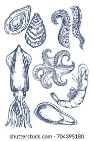 Seafood mussels, squid, shellfish, shrimp, octopus. Vintage emblems seafood for restaurant, cafe, sea shop.