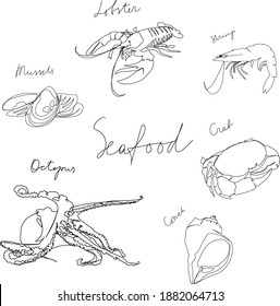 Seafood with names - hand drawn vector set in line art style