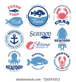 Seafood nautical vector vintage labels and restaurant emblems. Seafood emblem for restaurant, market fresh fish badge illustration