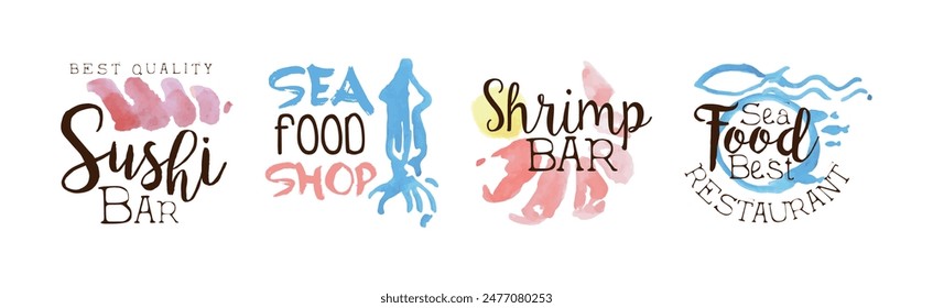 Seafood Nautical Watercolor Label and Shop Emblem Vector Set