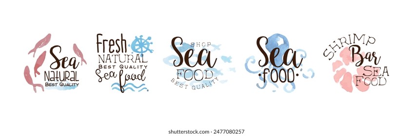 Seafood Nautical Watercolor Label and Shop Emblem Vector Set