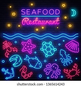 Seafood neon banner. Vector restaurant menu. Seafood Restaurant neon signboard. Marine food banner, flyer design, design template. Delicious cuisine objects. Use for promotion, market, store banner