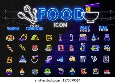 Seafood neon icons set. Seafood collection neon signs. Bright signboard, light banner. Neon isolated icon, emblem, design tremplate. Vector Illustration