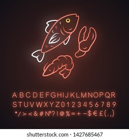 Seafood neon light icon. Omega 3 source products. Gourmet meal, healthy food. Glowing sign with alphabet, numbers and symbols. Fish, shrimp and lobster claw vector isolated illustration