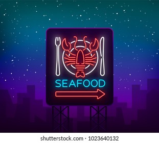 Seafood neon logo icon vector illustration. Lobster emblem, neon advertisement, night sign for the restaurant, cafe, bar with seafood. Glowing banner, a template for your projects