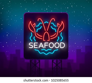 Seafood neon logo icon vector illustration. Lobster emblem, neon advertisement, night sign for the restaurant, cafe, bar with seafood. Glowing banner, a template for your projects. Billboard
