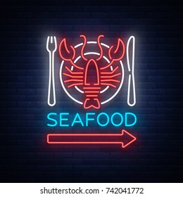 Seafood neon logo icon vector illustration. Lobster emblem, neon advertisement, night sign for the restaurant, cafe, bar with seafood. Glowing banner, a template for your projects