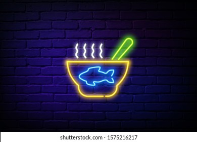 Seafood neon sign. fish soup in a bowl on brick wall background. Vector illustration in neon style for bbq party and fish restaurant