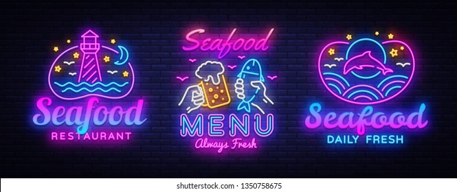 Seafood Neon signs set Vector. Seafood Menu neon sign, design template, modern trend design, night signboard, night bright advertising, light banner, light art. Vector illustration