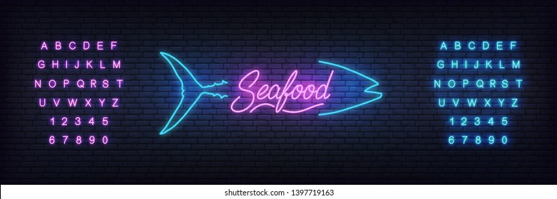 Seafood neon template. Glowing lettering seafood sign for bar, pub, restaurant.