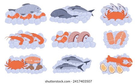 Seafood Nestled In Pristine Ice, Tantalizing Display Of Ocean Treasures. Fish, Shrimps, Lobster and Octopus, Oysters, Tuna and Crab Awaiting Culinary Exploration, Promising Symphony Of Flavors, Vector