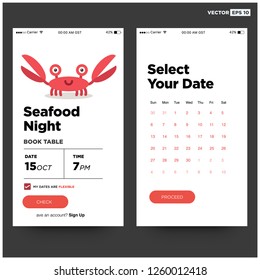 Seafood Night Book Table with Cute Crab Cartoon App UX and UI For Phone Screen