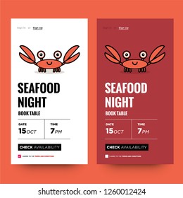 Seafood Night Book Table with Cute Crab Cartoon App UX and UI For Phone Screen