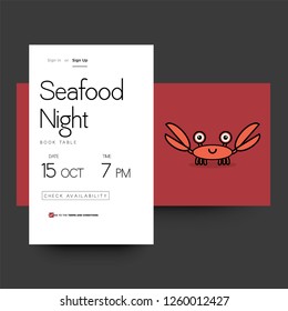 Seafood Night Book Table with Cute Crab Cartoon App UX and UI For Phone Screen