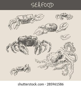 Seafood with octopus and crab , in engraving etching sketch hand drawing style, for gourmet food and  restaurant  design
