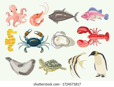 Seafood; Octopus; Shrimp; Crab; Lobster; Oyster; Scallop; Shellfish; Mussels; Crawfish; Piranhas; Grouper; sea horse; seal; turtle; Angel fish; Penguins