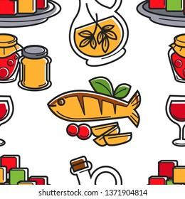 Seafood and olive oil Cyprus cuisine seamless pattern vector fish and vegetables honey and pickles wine and seasoning endless texture fried salmon food and meal culinary restaurant menu wallpaper