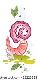Seafood with olive oil, garlic, spices, herbs and basil. Shrimp and octopus tentacle prepared for cooking.