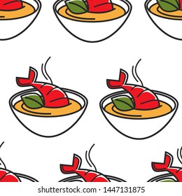 Seafood omar soup bowl Thai food seamless pattern vector lobster tail and greenery healthy snack traditional Thailand cuisine or culinary recipe endless texture hot dish or meal traveling and tourism.