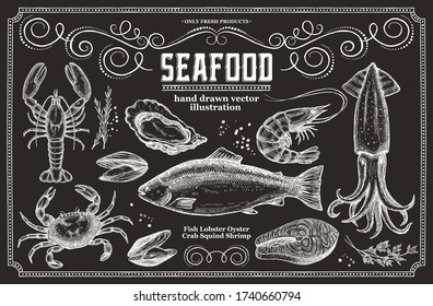 
Seafood on a chalk board. Set of illustrations for the design of the menu of restaurants and fish shops.