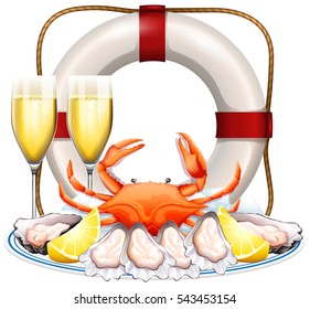 Seafood on the plate with champagne glasses illustration