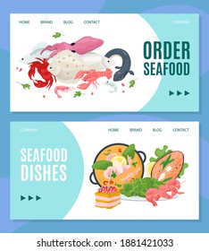 Seafood Online Web Shop, Order From Restaurant Vector Illustration. Internet Fresh Fish Delivery Design Banner, Fast Business Service Landing Page. Dinner Menu At Website Template Banner.