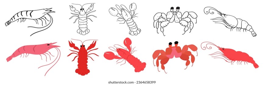 Seafood. Organic food. Healthy eating. Crustaceans. Crab, lobster, crayfish, shrimp. Collection of flat and outline hand drawn illustrations.
