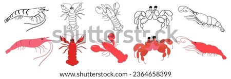 Seafood. Organic food. Healthy eating. Crustaceans. Crab, lobster, crayfish, shrimp. Collection of flat and outline hand drawn illustrations. [[stock_photo]] © 